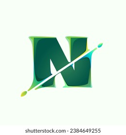 N letter eco logo with green leaves and diagonal distortion, color shift effect. Eco-friendly vector illustration. Lush foliage emblem. Perfect for nature banner, healthy labels, waste recycling icon.