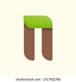 N letter eco logo with leaf. Vector font for bio posters, spa emblem, vegan, herbal and botanical cards etc.