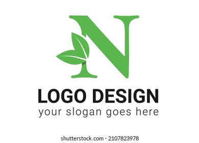 N letter eco logo with leaf. Vector typeface for nature posters, eco friendly emblem, vegan identity, herbal and botanical cards etc. Ecology N letter logo with green leaf.