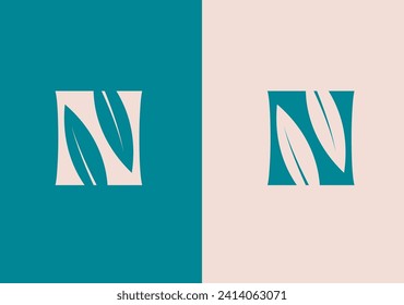 N letter eco logo, negative space volume icon letter N leave logo design element letter n leaf logo