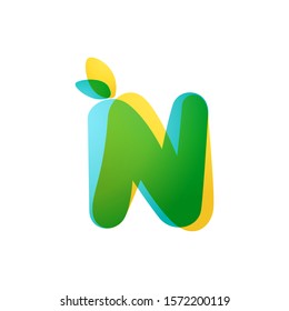 N letter eco logo. Overlapping gradient font with green leaves. Vector green template can be used for eco, vegan, bio, raw, organic.