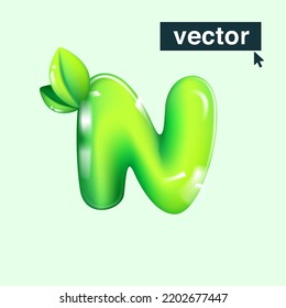 N letter eco logo in realistic 3D design and cartoon balloon style. Glossy green vector illustration. Perfect for agriculture banners, vibrant advertising, waste recycling art, healthy food packaging.