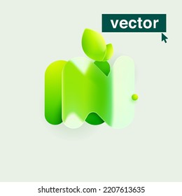 N letter ecology logo in realistic Glassmorphism style. Vector blurry translucent icon with green leaves. Frosted transparent emblem for agriculture, vibrant advertising, waste recycling, healthy food