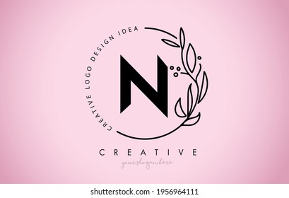 N Letter Floral Logo Design with Creative Elegant Leaf Monogram Branch Line Vector and Pink Black Colors Illustration.