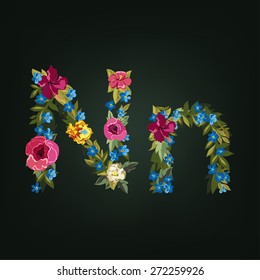 N letter. Flower capital alphabet. Colorful font. Uppercase and Lowercase. Vector illustration.