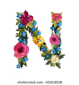 N letter. Flower capital alphabet. Colorful font. Uppercase. Vector illustration. Grotesque style. Floral alphabet. 