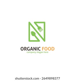 N Letter Food Logo. Green Spoon and Fork Monogram for Organic Restaurant.