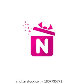 n letter Gift box Logo Design Vector Template.Logo gift template. Letter n in the box for present. Concept design present emblems and signs. Gift box icon pink color.n gift box logo