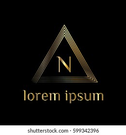N letter golden vector logo template. Triangle frame