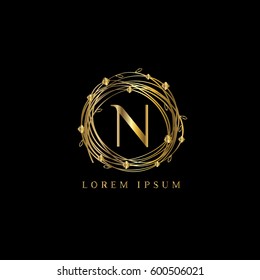 N letter golden wreath vector logo design template