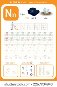 N hoja de trabajo de práctica de escritura a mano de cartas. Hoja de cálculo de seguimiento de letras de alfabeto para niños con juegos e ilustraciones brillantes. Página Aprendiendo actividad alfabética. Plantilla imprimible.