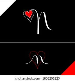 N letter with heart vector on black background. Q love letter logo design. N with Red love letter. Love letter N logo vector design for valentines day sale background with heart icon.