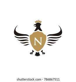 N letter heraldic logo vector illustration with wings gold color 