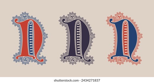 N letter illuminated gothic monogram with naturalistic flowers ornament. German drop cap. Dark age decorative logo. Classic medieval red and blue Latin initials font based on XIV century manuscript.