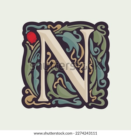 N letter illuminated initial with curve leaf ornament and tulips. Medieval dim colored fancy drop cap logo. Gothic heraldry blackletter dark-age emblem. Perfect for luxury calligraphy with pattern. Foto stock © 