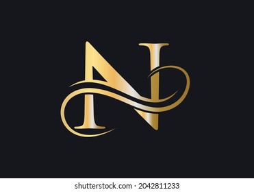 N Letter Initial Luxurious Logo Template. Premium N Logo Golden Concept. N Letter Logo with Golden Luxury Color and Monogram Design. 