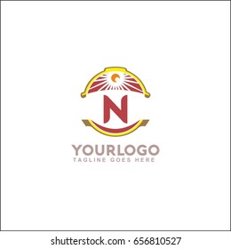 N letter landscape vector illustration. Vintage sunset logo with sun.