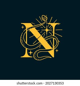 N letter logo in the astrological style. Hand drawn monogram for magic postcards, medieval style posters, esoteric advertise, luxury ornate T-shirts.