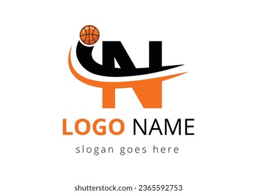 N Letter Logo With Basketball Ball. Sports Symbol Vector Template Design