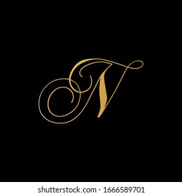 N letter logo with black background.The gold letter icon.Gold letter icon design.