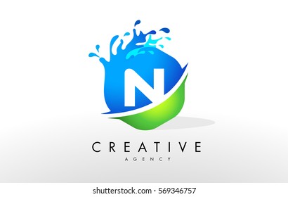 N Letter Logo. Blue Green Splash Design Vector with Water Drops.
