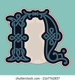 N letter logo with Celtic knots, spiral lines, and red dots. Dim colored medieval initial. Perfect icon for ancient identity, Middle Ages print, barbarian posters, and heraldic monograms.