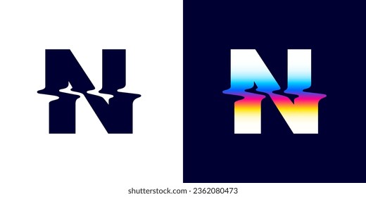 N letter logo with color glitch. Neon double exposure style. Multicolor gradient sign with hologram and illusion effect. Glowing color shift vector icon for nightlife labels, game screens, vibrant adv