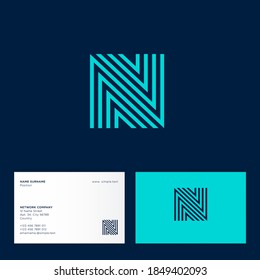 N letter. Logo consist of some lines. N blue monogram, isolated on a different backgrounds. Business card.