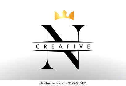 N Letter Logo with Creative Crown Design Icon and Golden Colors Vector Illustration
