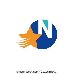 N letter logo and creative flying star. Corporate logo initials in round emblem. Speed ​​effect star vector illustration. Corporate brand identity. white background.