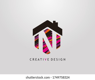 N Letter Logo. Creative hexagon house strip shape with negative space of letter N, Home Studio Icon Design.