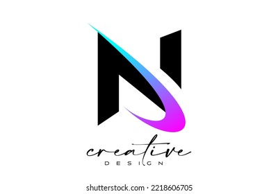 N Letter Logo Design with Creative Purple Blue Swoosh. Letter n Initial icon with curved shape vector illustration.