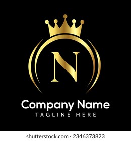 N letter logo design with golden crown vector.