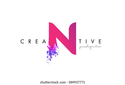 N Letter Logo Design with Ink Cloud Flowing Texture and Purple Colors.