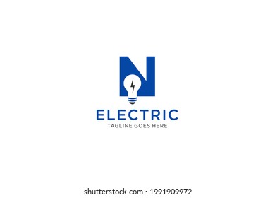 N Letter Logo Design With Light bulb and lightning bolt. Electric Bolt Letter.