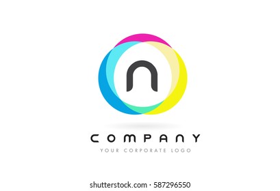N Letter Logo Design with Rainbow Rounded Magenta Yellow Blue and Green Colors.