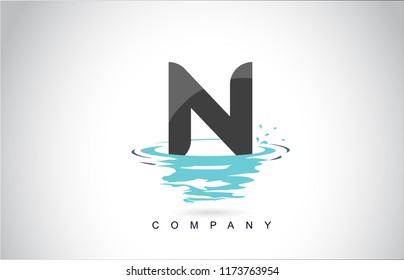 N Letter Logo Design with Water Splash Ripples Drops Reflection Vector Icon Illustration.