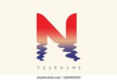 N Letter Logo Design with Water Effect and Sunset Gradient Vector Illustration.