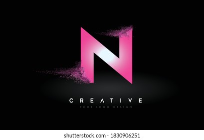 N Letter Logo with Dispersion Effect and Purple Pink Powder Particles Expanding Ash Vector Illustration.