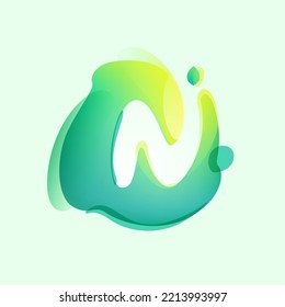 N letter logo in eco gradient splash blot with green leaf. Negative space environment friendly icon. Illusion effect emblem. Perfect for agriculture art, waste recycling design, healthy food packaging