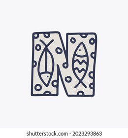 N letter logo with fishes in the Nordic folk art style in the background. Scandinavian font for Christmas cards, retro posters, historical banners, cute decorative prints on T-shirts.