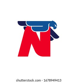 N letter logo with flying eagle. Vector oblique font perfect for sport labels, army posters and fast delivery identity, etc.