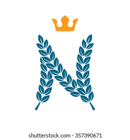N letter logo formed by laurel wreath with crown. Vector design template elements for your application or corporate identity.