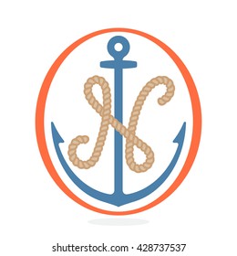 N letter logo formed by rope with an anchor. Vintage badge can be used for a print on fabric, emblem and design elements. 