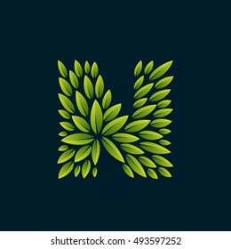 N letter logo formed by fresh green leaves. Vector ecology elements for banner, presentation, card, labels or posters.