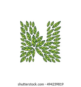 N letter logo formed by vintage pattern, line green leaves. Vector ecology elements for banner, presentation, card, labels or posters.