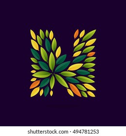 N letter logo formed by green and autumn leaves. Leaf pattern. Vector ecology elements for banner, presentation, card, labels or posters.