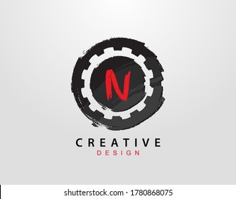 N Letter Logo With Gear and Circle Grunge Element. Retro Gear logo design template.