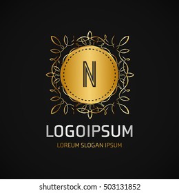 N Letter logo, Golden Monogram design elements, line art logo. Beautiful Boutique Logo Designs, Business sign, Restaurant, Royalty, Cafe, Hotel, Heraldic, Jewelry, Fashion, Wine. Vector illustration