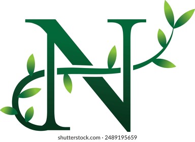 N Letter Logo. Green Color. Leaf Style - Vector